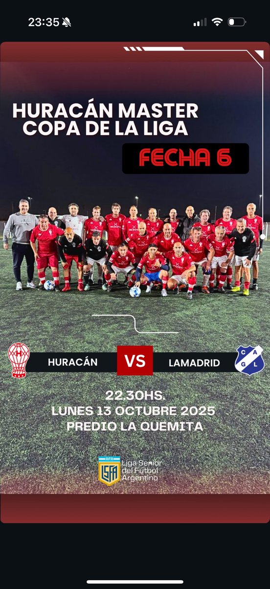HURACÁN COPA MASTER DE LA LIGA 
FECHA 5 ‼️

HURACÁN VS LAMADRID 🎈

22:30HS ⏰

LUNES 13 DE OCTUBRE 🗓️

LA QUEMITA 🏟️