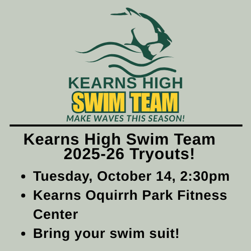 K-Town High School Swimmers! The 2025-26 season is here! Tryouts are Tuesday, October 16th, 2:30pm, at the KOPFC. Bring your suit and a friend! #we_are_kearns_swim_2025-26