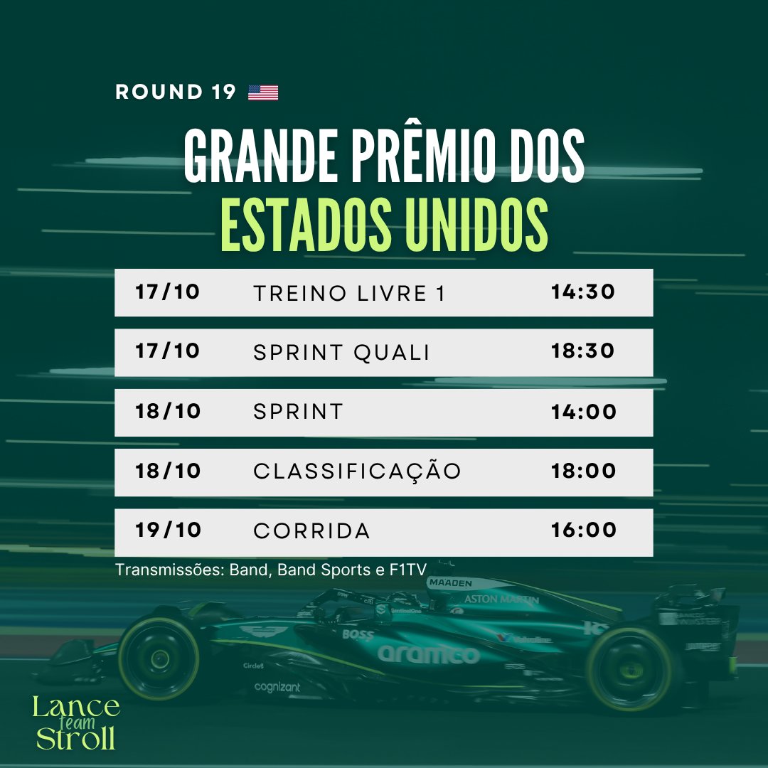 TeamLanceStroll's tweet image. 🏁 |🤠Howdy. É race week! Confira abaixo os horários do Grande Prêmio dos Estados Unidos!

* Horário de Brasília.

#USGP #F1 #LS18