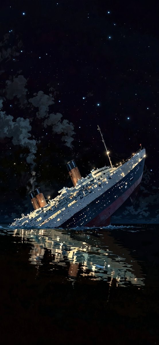 Leonard18_X's tweet image. &quot;Titanic&apos;s timeless voyage under the stars! 🌟🚢 #HistoricalArt #NightVibes #LockScreen&quot; load4k