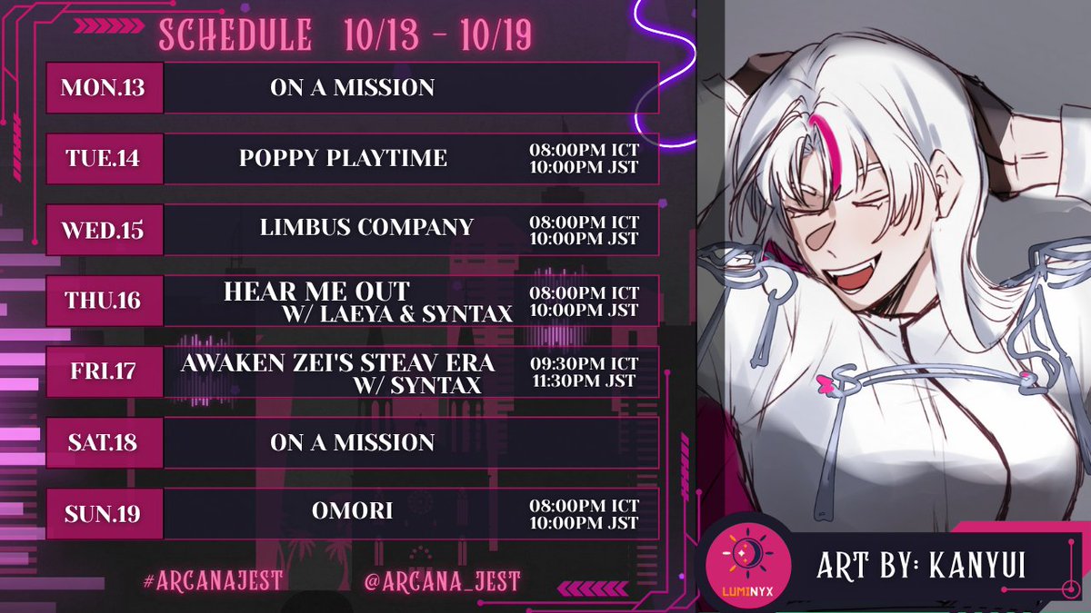🩷WEEKLY SCHEDULE🩷

✨The shows is still on✨

Hey Partner I thought you miss me sooooo I schedule our another weekly date🩷 yes it's weekly now whether you like it or not :>🩷

#VTuberUprising

#vtube #khmervtuber #ENVtuber #VTuberUprising