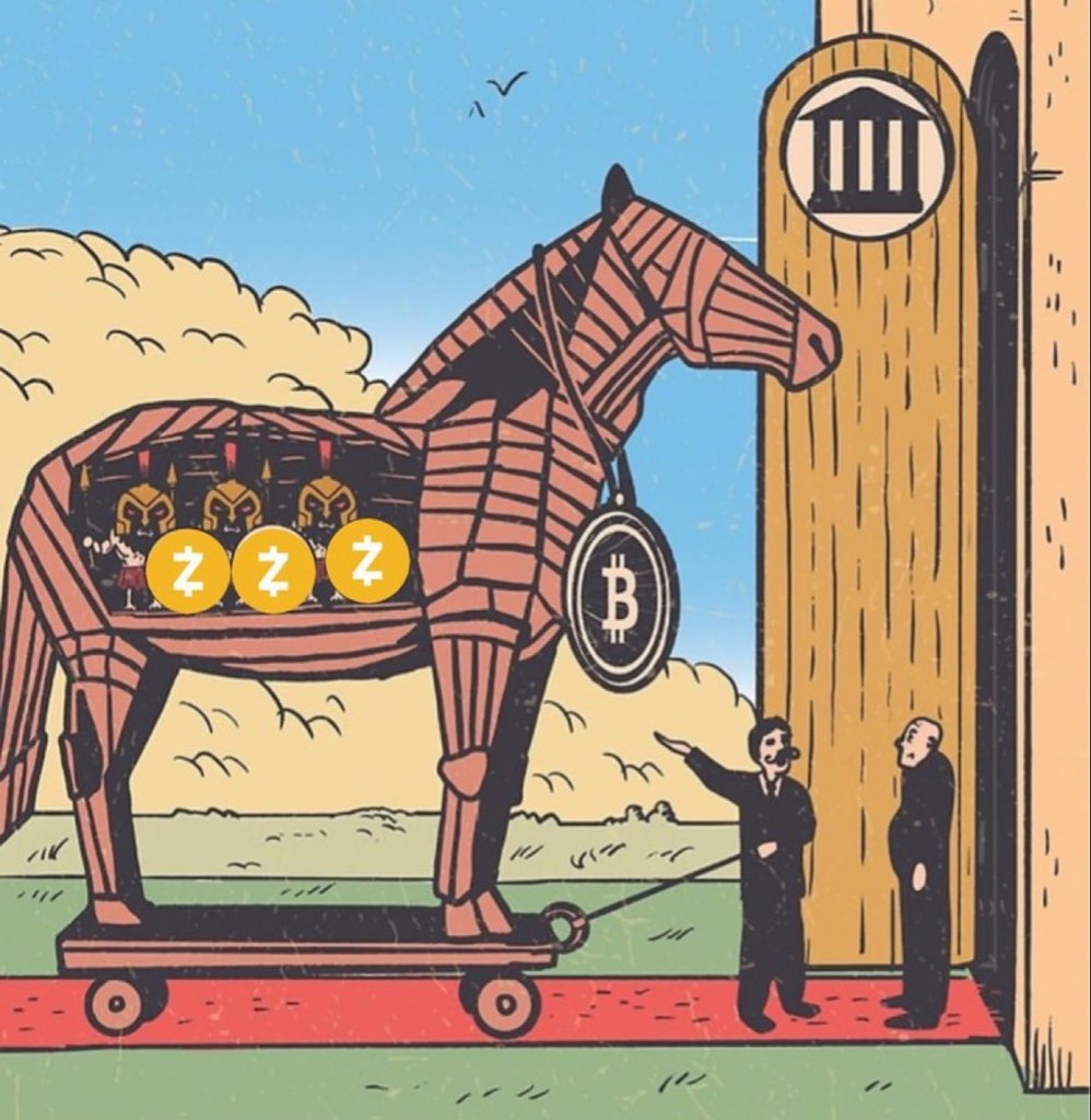 Zcashの要素を内包したトロイの木馬として描かれたBitcoinのイラストが建物に運び込まれている様子
