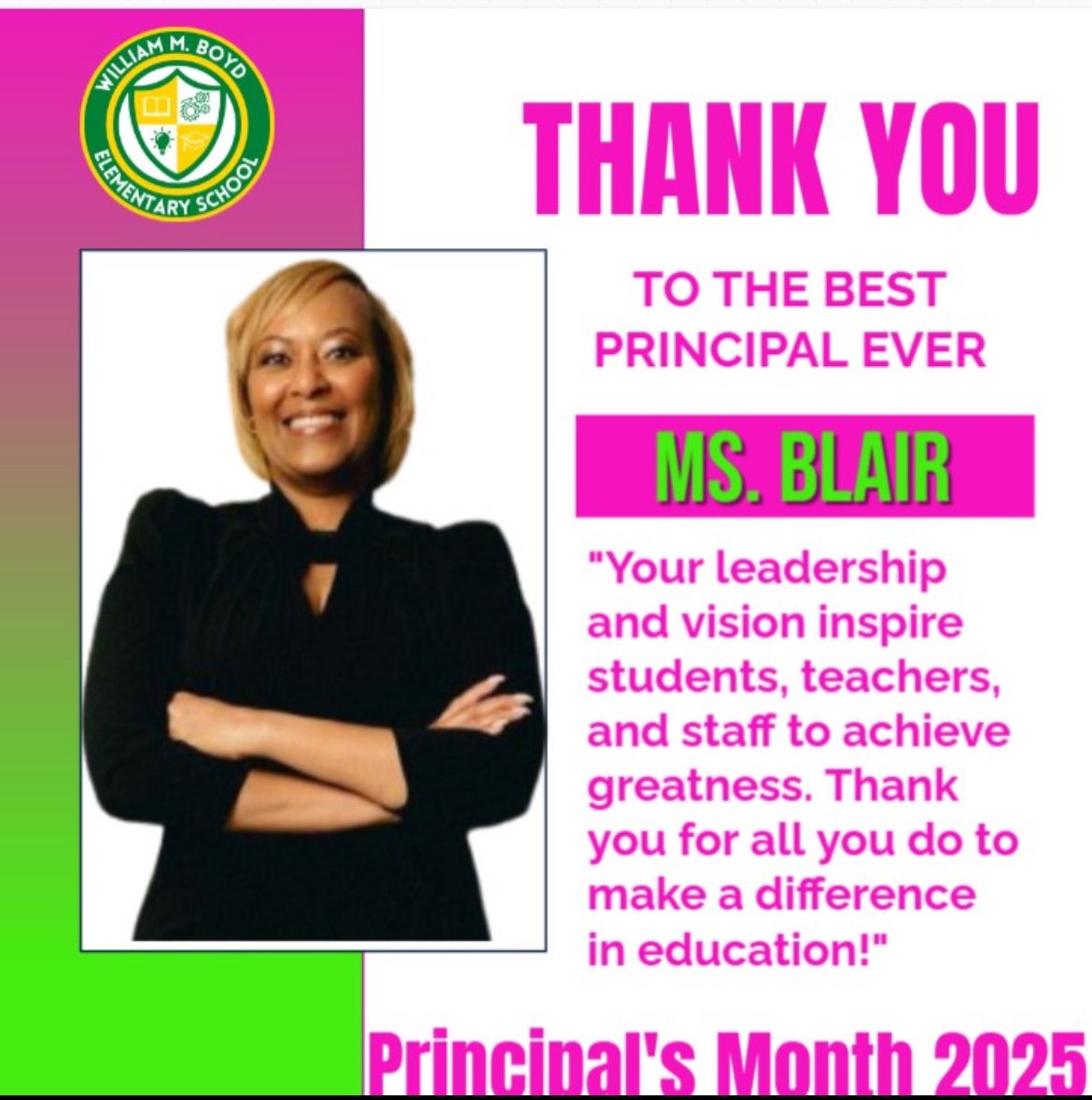 Happy Principal Appreciation month to our leader <a href="/MsBlairAPS/">Ms. Blair</a>. We love and appreciate all that you do!