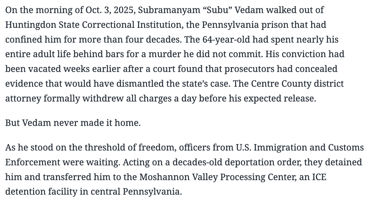 Man spends 44 years in prison for a crime he didn't commit. Finally gets exonerated. ICE immediately arrests him and is trying to deport him back to India, where he hasn't lived since he was 9 months old.