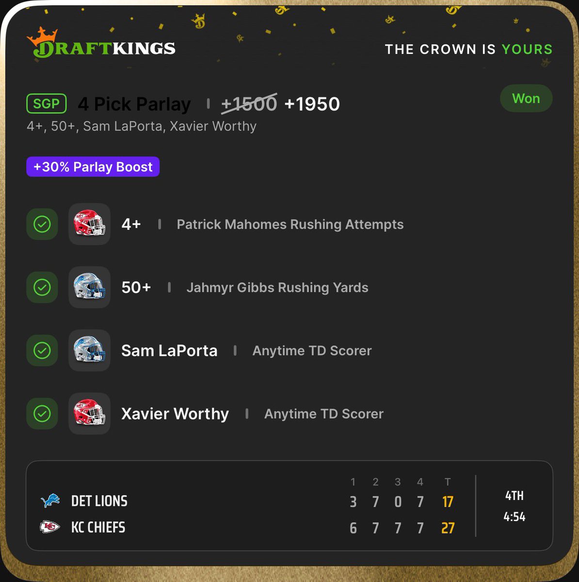MattyChucks's tweet image. CASH THE +1950 SNF PARLAY ✅✅✅

$20 To Someone Who Likes This ❤️

I told you guys to get in here &amp;amp; snag it! 🎁

That’s 3 Parlays Cashed Today 🤯