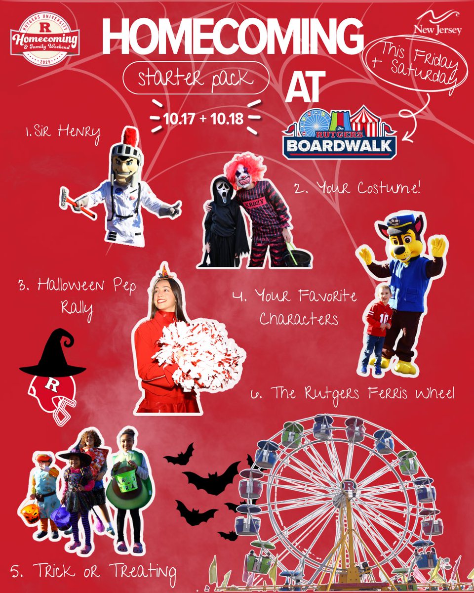 Homecoming Week is almost here‼️🎉 Don’t forget your costume and don’t miss out on the fun at our double Rutgers Boardwalk this weekend 🔴🛡️ This is your Homecoming starter pack! R U Ready? 👀