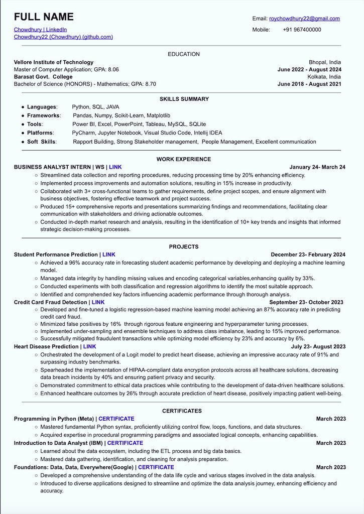 RahulKu22532718's tweet image. This Resume has an ATS score of more than 90🤯

This Resume helped many in getting an interview calls from companies like Google, Microsoft, Amazon, and many more.

I have personally used this single-column resume in my job hunting and got amazing results

I am sharing the exact…