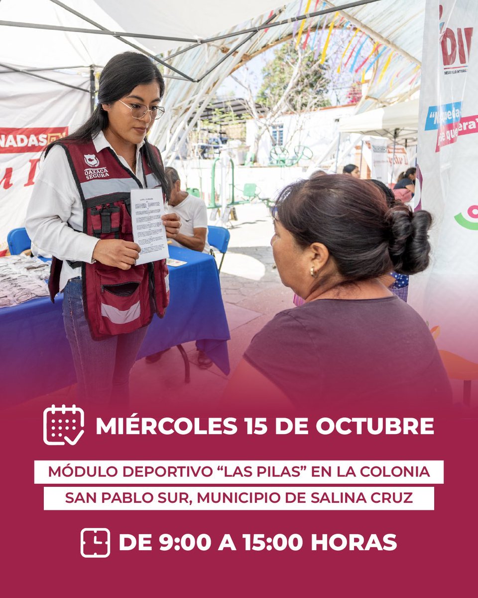 LAS JORNADAS CAYAPADU LII LLEGAN A SALINA CRUZ

Del 15 al 17 de octubre, la estrategia Territorios y Jornadas #CayapaduLii llegarán a Salina Cruz, acercando más de 40 servicios para el bienestar de la población. 

¡Conoce las sedes y acércate!