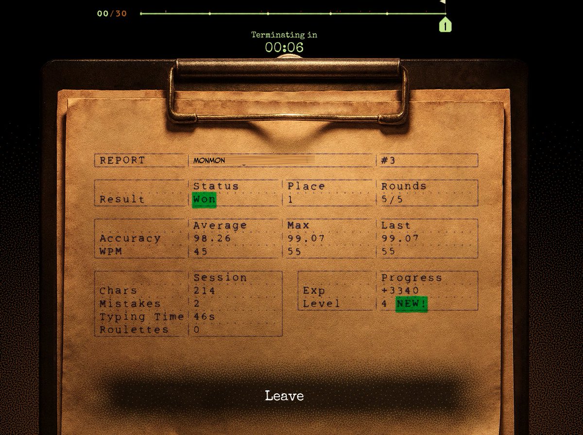 Its good 
Very good 
We need more games like this- educational to a degree since it is sharpening your typing skills, but still competitive enough to keep attention