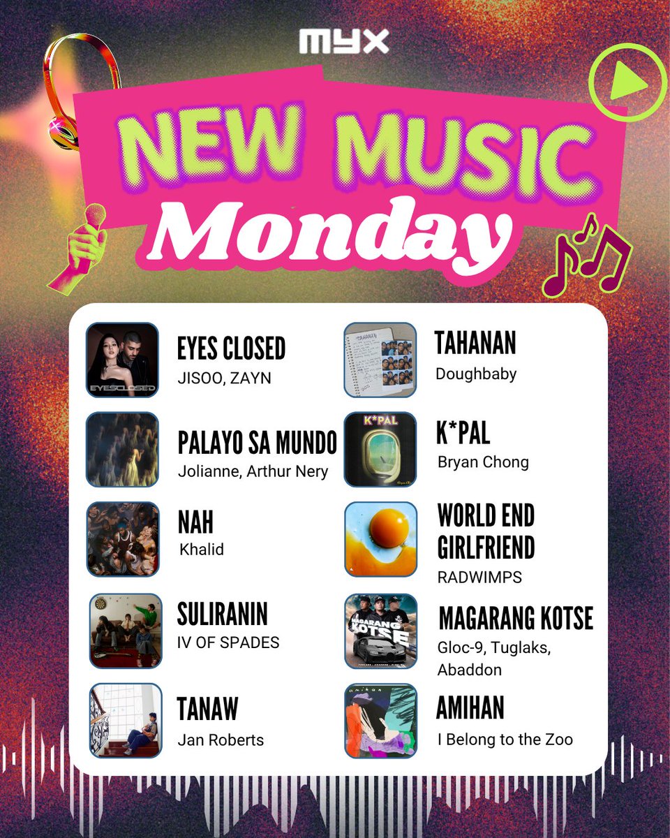 myxglobal's tweet image. It’s #NewMusicMonday! 💥 Check out the latest releases from your faves 👇

Eyes Closed — JISOO, ZAYN
Palayo Sa Mundo — Jolianne, Arthur Nery
Nah — Khalid
Suliranin — IV of Spades
Tanaw — Jan Roberts
Tahanan — Doughbaby
K*Pal — Bryan Chong
World End Girlfriend — RADWIMPS
Magarang
