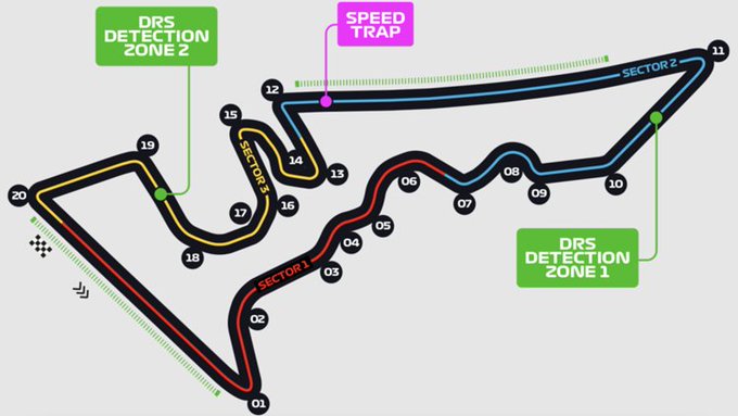 Diagrama de trazado de la pista del Circuito de las Américas en líneas azules sobre fondo gris, marcado con esquinas numeradas del 1 al 20, sectores coloreados en verde, amarillo, rojo y azul, zonas DRS resaltadas en verde en puntos específicos, trampa de velocidad indicada en la etiqueta de texto y ruta general que muestra curvas y rectas para la carrera de Fórmula 1.
