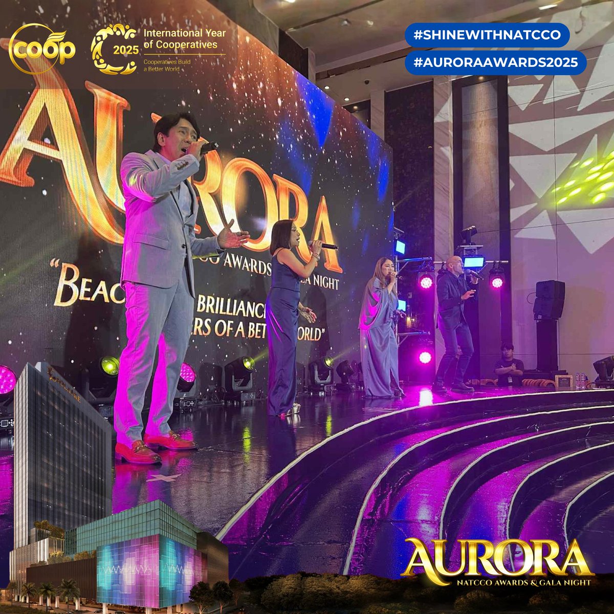 natcconetwork's tweet photo. The Company, our amazing guest performers at the Aurora Awards, graced us with their incredible songs and heartfelt performance before sharing this inspiring message to our cooperatives and award winners.

#AuroraAwards2025 #CooperativesBuildABetterWorld #SHINEWITHNATCCO https://t.co/5abEn1Uwiz