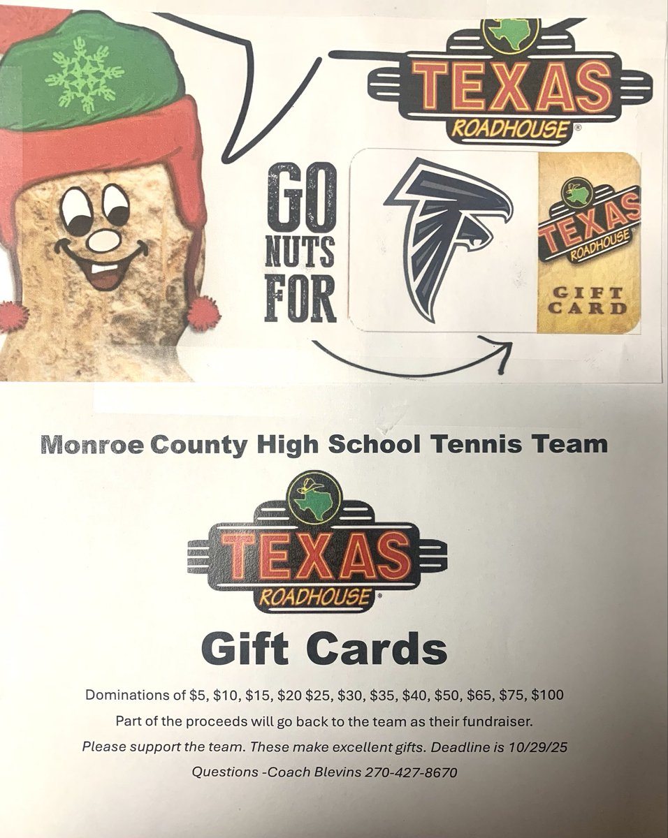 MCFalconSports's tweet photo. MCHS tennis team is selling Texas Roadhouse  gift cards the month of Oct. These make excellent gifts for Christmas and will be delivered before Dec. If you are interested, please see a tennis team member or Coach Blevins. We would appreciate everyone’s help in this fundraiser https://t.co/nadM6zCal0