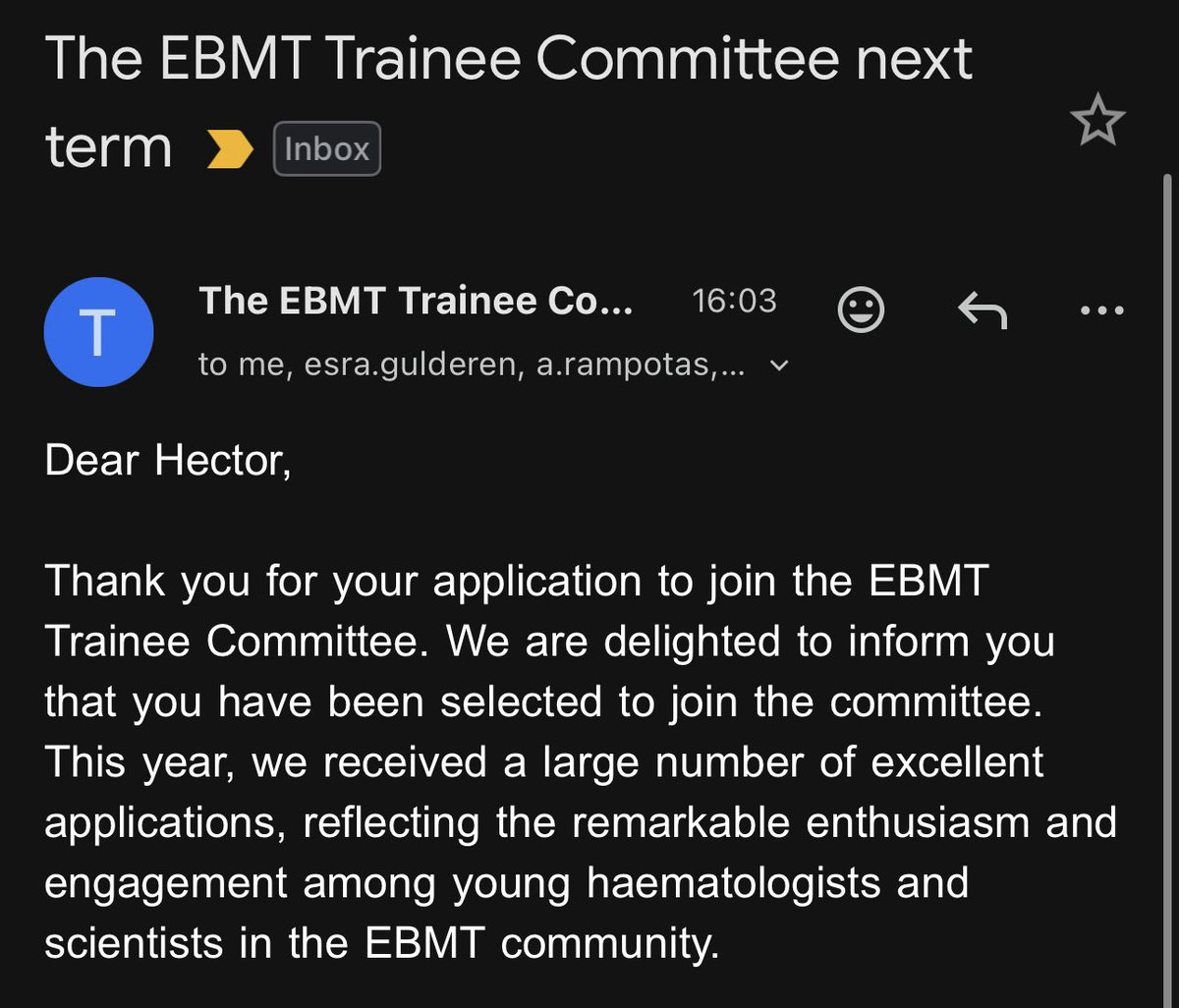 Just received some pretty exciting news! 🎉 I’ve been selected to join the <a href="/TheEBMT_Trainee/">The EBMT Trainee Committee</a> Committee! 🥳

Truly an honor. I can’t wait to contribute to this amazing network and learn from the brilliant minds behind it