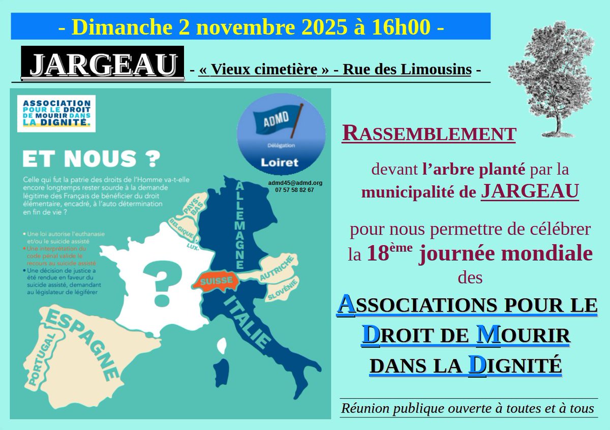Journée mondiale pour le droit de mourir dans la dignité, - N'hésitez pas à venir nous rejoindre -
<a href="/ADMDPRESSE/">ADMD - Service Presse</a> <a href="/ADMDFRANCE/">Mourir dans la Dignité</a> <a href="/iciorleans/">ICI Orléans</a> <a href="/F3Centre/">France 3 Centre-Val de Loire</a> <a href="/larep_fr/">La République du Centre</a> #LoiFindeVie