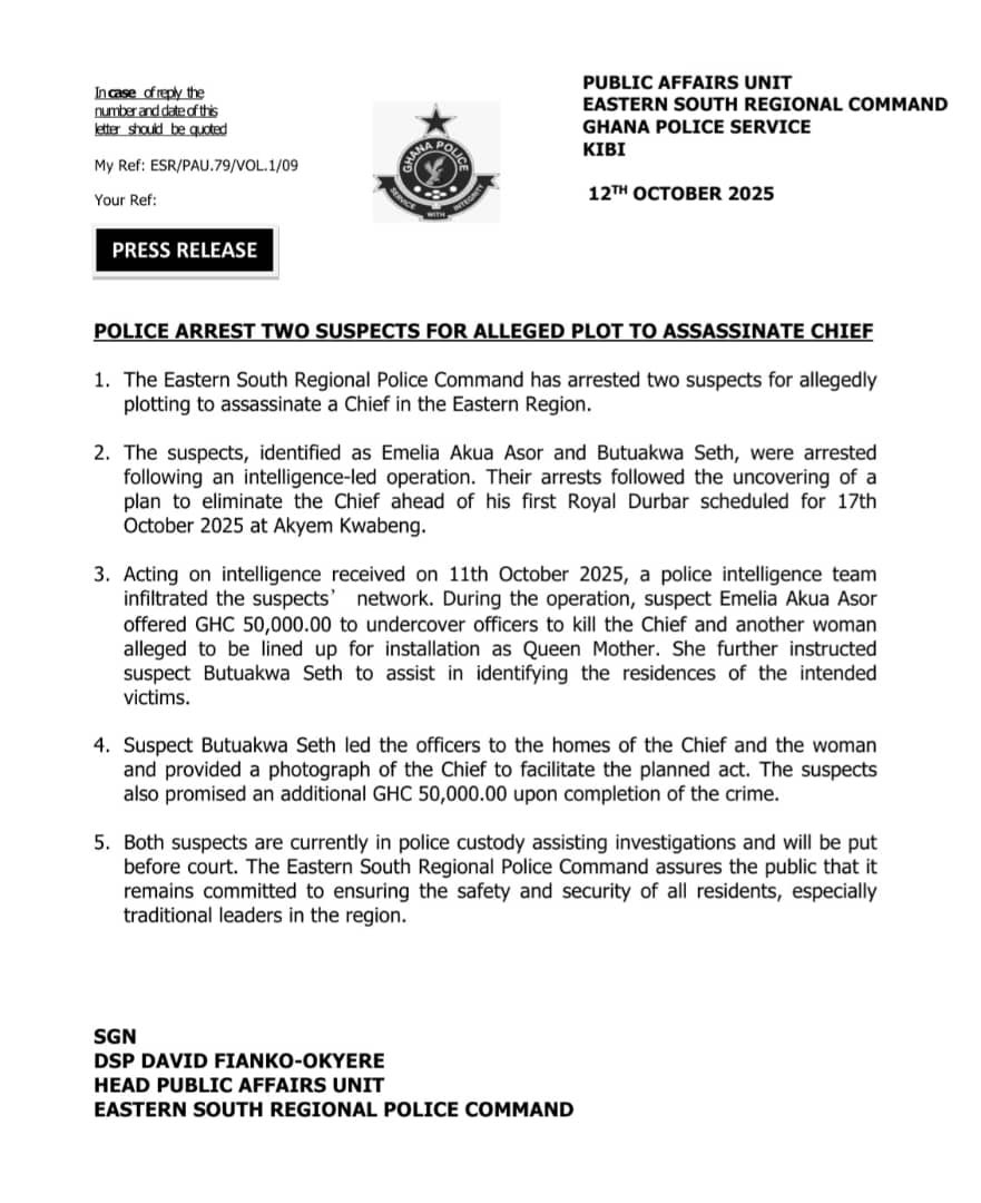 Bra_Hanan's tweet photo. @GhPoliceService have arrested two (2) suspects in the Eastern Region for attempted murder of a Chief ahead of his first royal durbar at Akyeam Kwabeng! https://t.co/A7YnQmrYHQ