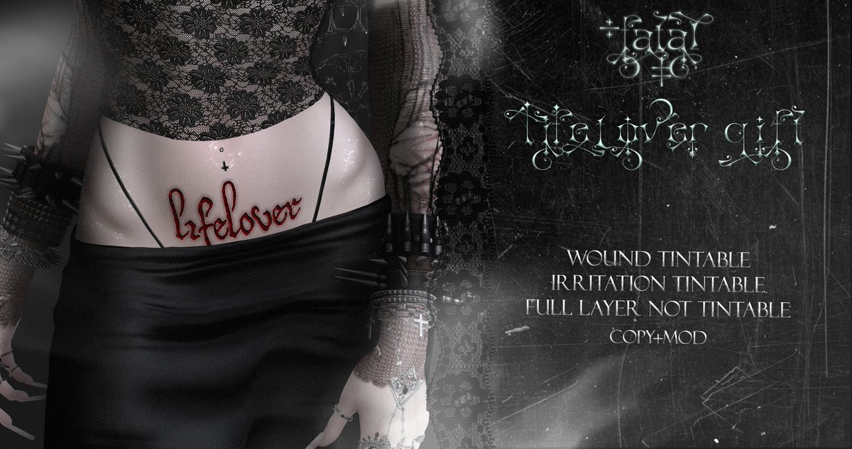 FatalistDoll's tweet image. this is a group gift ! you must be wearing Fatal Group to get it at my mainstore &lt;3
one of my fav bands &lt;3 i turned it into a fresh scarification tattoo
wound comes in
2 separate tintable layers
+ full wound not tintable {well you can but it wont look right}
copy + mod only…