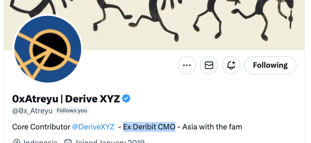 dcfgod's tweet image. Hopefully @0x_Atreyu doesn't mind the post
But it's something special when the x-cmo of Deribit (options protocol sold to coinbase for billions)... becomes a core contributor at the on chain version of Deribit which trades at like 50m fdv
Note: dcf cap holds drv
