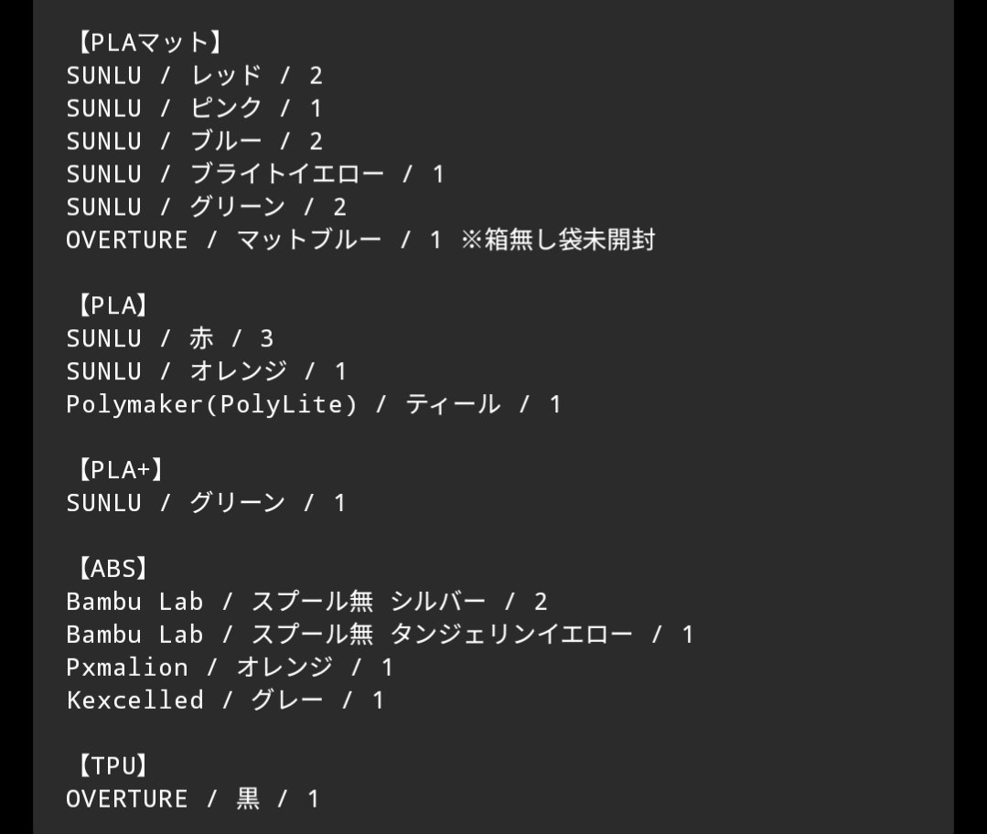 フィラメント棚卸し、さすが皆さん詳しいので高いのから無くなりましたw
送料足すと割安感の無いものばかりになってしまったので、1巻1000円+送料でしたが3巻以上で送料無料と致します🙇
相互フォロワーさん限定、DM下さい。
今日いっぱい受け付けます。
↓現在の在庫です。