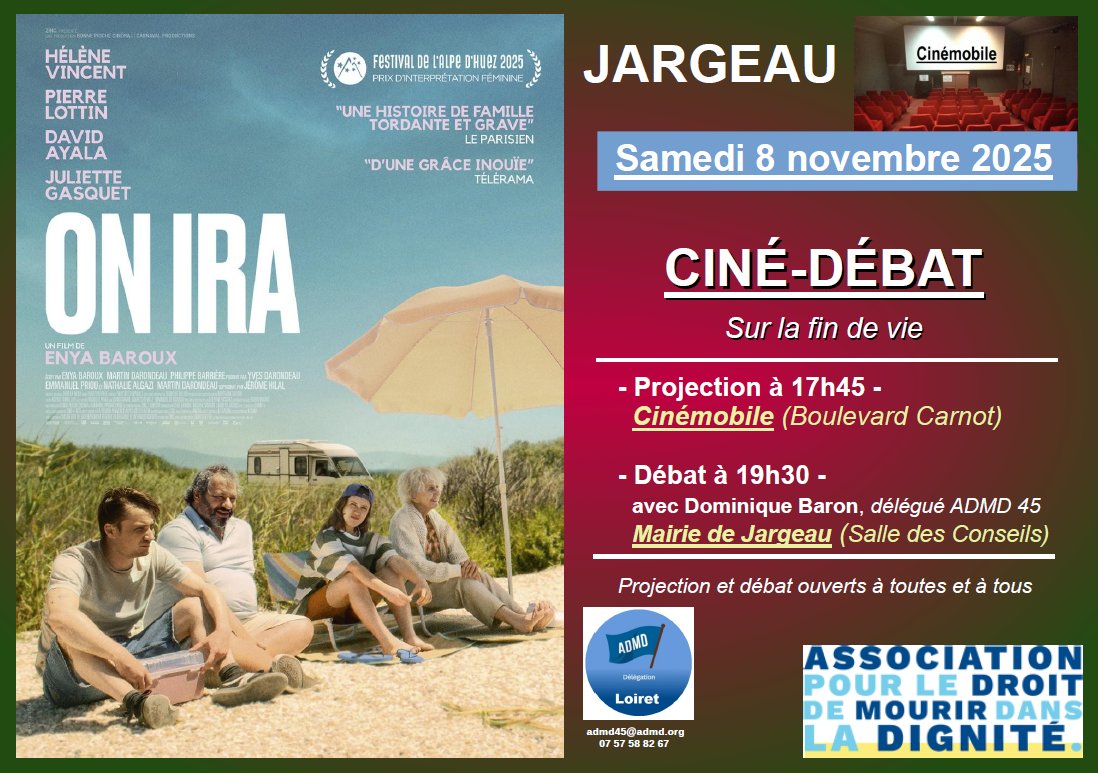 ADMD Loiret (@admdloiret) on Twitter photo CINÉ-DÉBAT à JARGEAU
Venez vous informer et échanger sur la fin de vie en France <a href="/ADMDPRESSE/">ADMD - Service Presse</a> <a href="/ADMDFRANCE/">Mourir dans la Dignité</a> <a href="/iciorleans/">ici Orléans</a> <a href="/F3Centre/">France 3 Centre-Val de Loire</a> <a href="/larep_fr/">La République du Centre</a> #LoiFindeVie CINÉ-DÉBAT à JARGEAU
Venez vous informer et échanger sur la fin de vie en France <a href="/ADMDPRESSE/">ADMD - Service Presse</a> <a href="/ADMDFRANCE/">Mourir dans la Dignité</a> <a href="/iciorleans/">ici Orléans</a> <a href="/F3Centre/">France 3 Centre-Val de Loire</a> <a href="/larep_fr/">La République du Centre</a> #LoiFindeVie