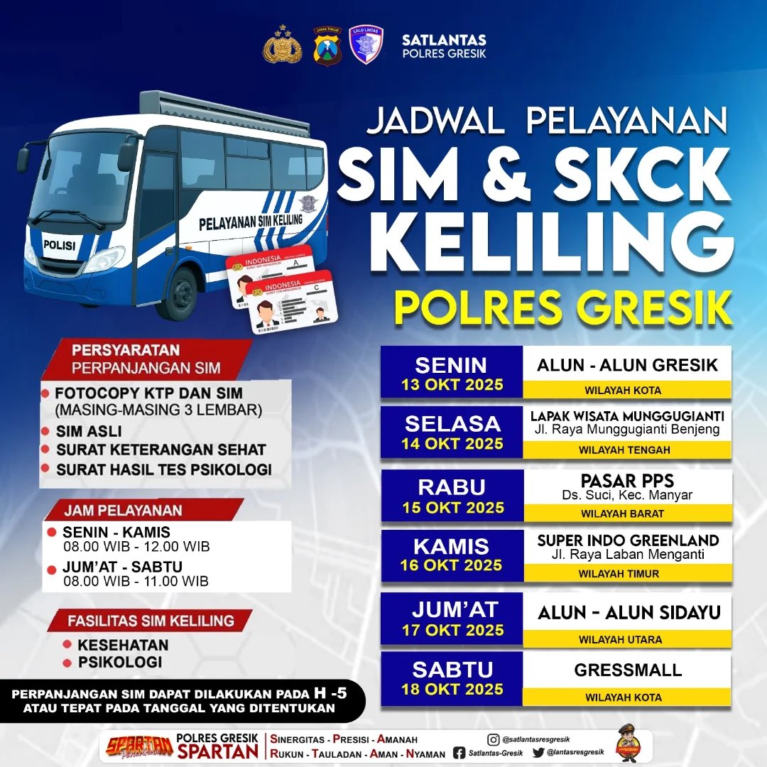 rovanmahenu's tweet image. Hallo Rekk!!
Jadwal Sim Keliling untuk pekan ini (13 - 18 Oktober 2025) sudah keluar.
Catat tanggal dan lokasinya, ya!
Jangan sampai kelewatan, ya 
#simkelilinggresik #gresik #satlantaspolresgresik
#polresgresik

@infoGRESIK @lantasresgresik