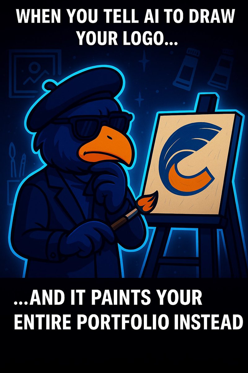 JohnJamesqu's tweet photo. When you tell AI to draw your logo…
…and it paints your entire portfolio instead.

AI + art = chaos but genius 🤯
#CROWXArt #CROWX #MemeTech #CrowxGang @crowxofficial https://t.co/PbcA46sq4a