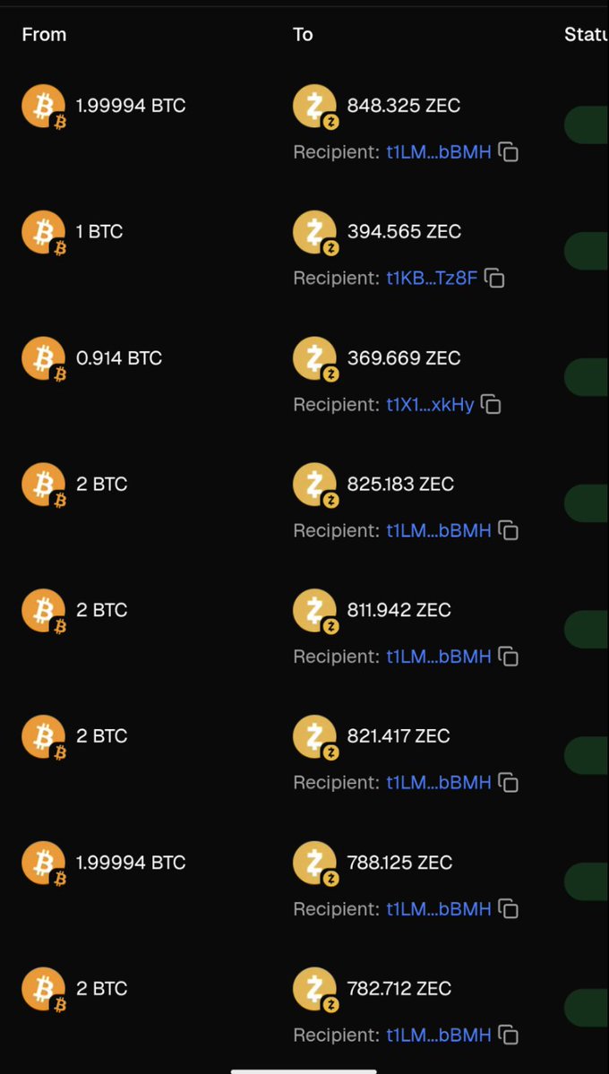 intents를 통한 BTC→ZEC 스왑 거래 스크린샷