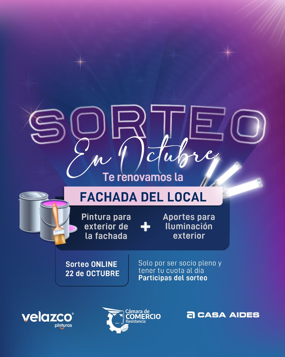 CamaraRcia's tweet image. SORTEO EN OCTUBRE🏪
¡Te renovamos la fachada de tu local!🙌🏻

Desde la Cámara de Comercio, junto a Velazco Pinturas 🎨 y Casa Aides💡 lanzamos este sorteo exclusivo para socios que pueden ganarse materiales de pintura e iluminación. 

#Sorteo #Pymes #Premios #Chaco