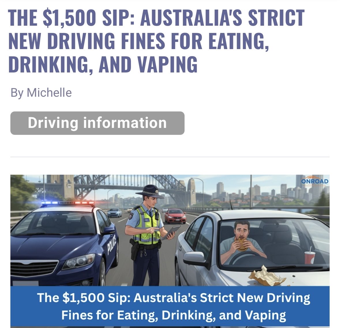 NSW is introducing a new law that will give government $1500 and take away your demerit points if you are caught sipping a drink while driving or even at a traffic light.

Australia is a joke.