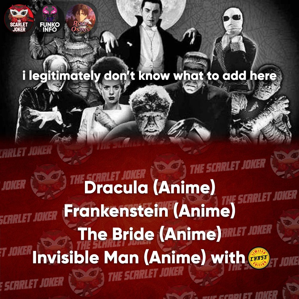 ScarletJokerTWT's tweet image. Coming This Spring - Universal Monsters Anime!
AS ALWAYS, THIS IS EARLY INFORMATION AND THINGS MAY CHANGE! NOTHING IS OFFICIAL UNTIL CONFIRMED!
#Funko #FunkoPop #UniversalMonsters #Anime
