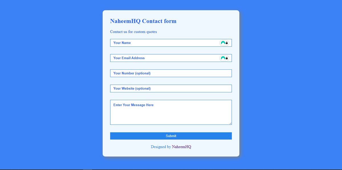 NaheemHQ's tweet image. Another step forward in my frontend journey 💻
Created this contact form from scratch using HTML &amp; CSS — focusing on structure and clean layout.
@Godwinn_max @fliptotech
#FrontendDev #HTML #CSS #NaheemHQ #CodingJourney #webdev