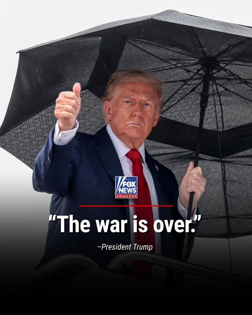 FoxNews's tweet image. BREAKING: President Trump told reporters aboard Air Force One that the Israel-Hamas war "is over." He is currently en-route to the Middle East.