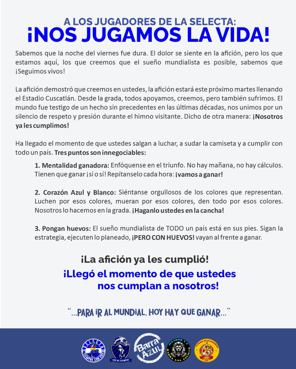 💪 ¡UN MISMO OBJETIVO! 🥹

💥 Las distintas barras en apoyo a la Selecta, lanzaron un comunicado en apoyo a la Azul y Blanco. 🇸🇻

🎆 La afición sigue firme y creyente en lograr la clasificación a la Copa del Mundo 2026. 🌎🏆