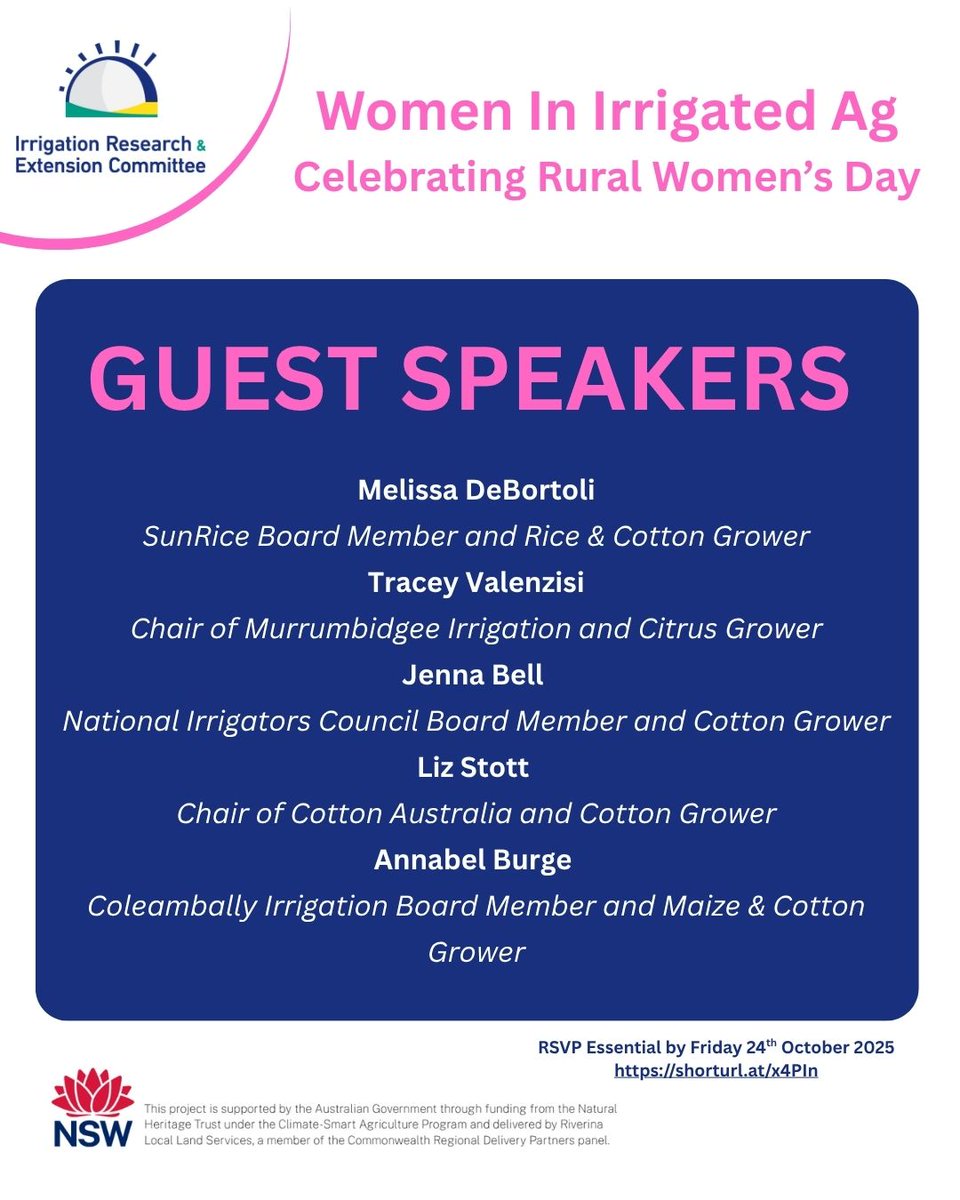 2 Weeks to go! Local women speaking about leadership, being a board member and balancing farming and family
Tues 28th October, Coleambally
Wed 29th October, Griffith
Thurs 30th October, Leeton
RSVP Essential: shorturl.at/x4PIn 
Supported by <a href="/LLSRiverina/">Riverina LLS</a> 
#womeninirrigatedag