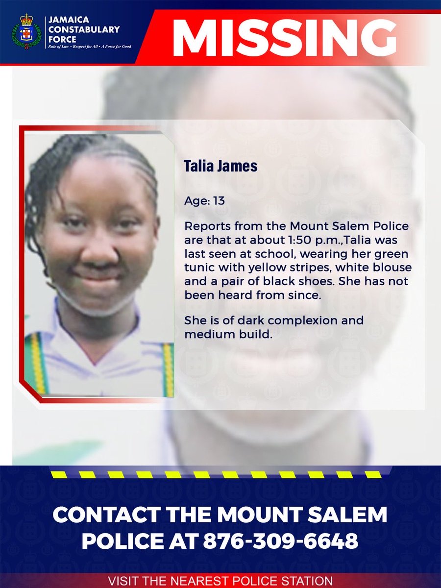 JamaicaConstab's tweet image. Help us locate missing Talia James. If you know her whereabouts please call the Mount Salem Police or the nearest police station. 

#AnandaAlert #Missing