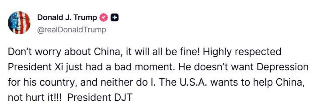 TRUMP CAVES TO CHINA: 

"Don't worry about China, it will all be fine! Highly respected President Xi just had a bad moment. He doesn't want Depression for his country, and neither do I. The U.S.A. wants to help China, not hurt it!!!"

1. His team likely made billions of this pump
