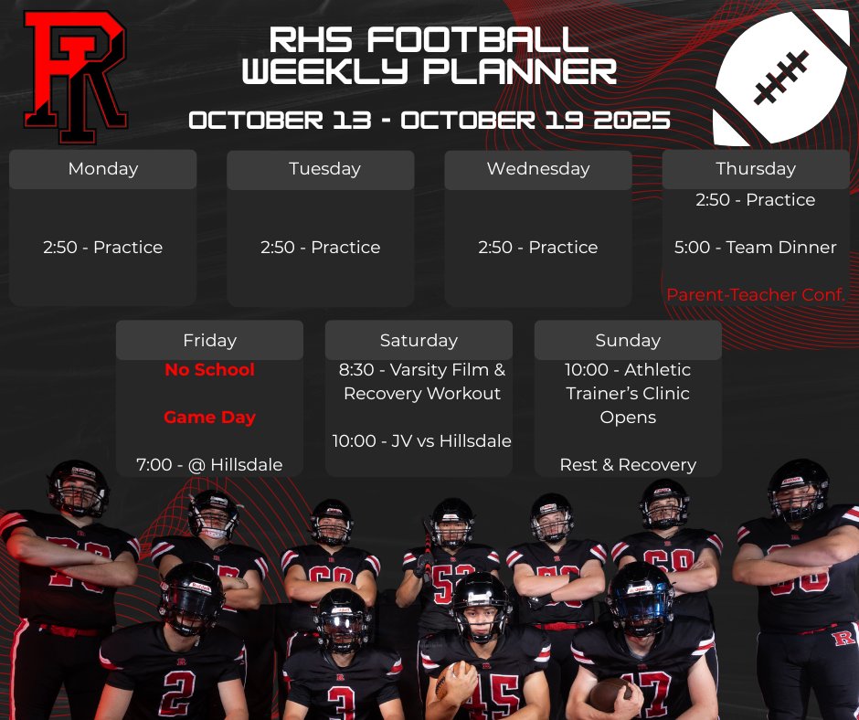 RittmanFootball's tweet photo. Week 9 Preview 🏈
This week: focus is beating Hillsdale!
Thu: PTC @ RHS, team dinner after practice
Fri: No school, Varsity @ Hillsdale, 7 PM kickoff
Sat: JV hosts Hillsdale, 10 AM kickoff
Sun: Athletic Trainer’s office open 10 AM
Let’s go, boys! 💪 #RittmanFootball #Week9 https://t.co/zpZG5OaS1A
