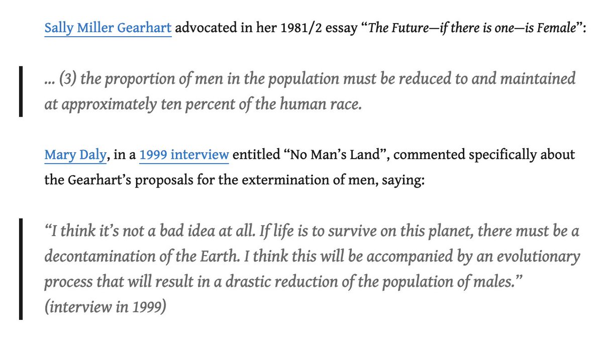 jeffreyketland's tweet image. The "Future is female" slogan originates from 1970s separatist (lesbian) radical feminists, Sally Miller Gearhart and Mary Daly, who advocated exterminating 90% of men.
Therefore, it's not clever, edgy, witty or hip.
It's genocidal.