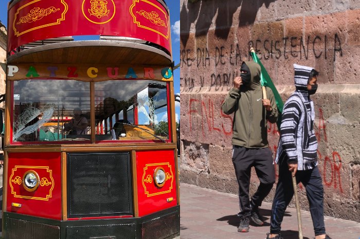 vozmichoacan's tweet photo. ‼️ Gas lacrimógeno, pedradas y 2 tranvías turísticos dañados; #FNLS desata caos en #Morelia y se enfrenta a la #UROP

➡️https://t.co/nvicn61jMy https://t.co/wMv0aoAxSW
