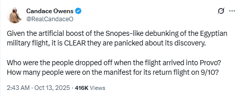 TheMilkBarTV's tweet photo. The Candace Owens' playbook: Pushes an absurd conspiracy theory.

People easily debunk her absurd conspiracy theory.

Candace Owens: WOW! Look at all the people rushing to debunk my absurd conspiracy theory. Proof I'm over the target!

Rinse and repeat.