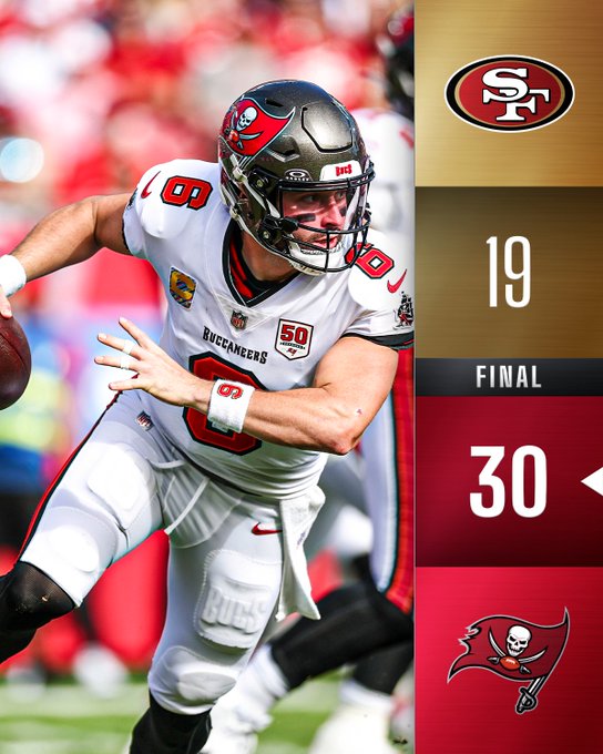 Split-image graphic showing Baker Mayfield in Buccaneers red jersey number 6 throwing a pass on the field with 49ers defense nearby, alongside a gold-highlighted scoreboard displaying FINAL 30-19 with Buccaneers logo on top and 49ers logo below.