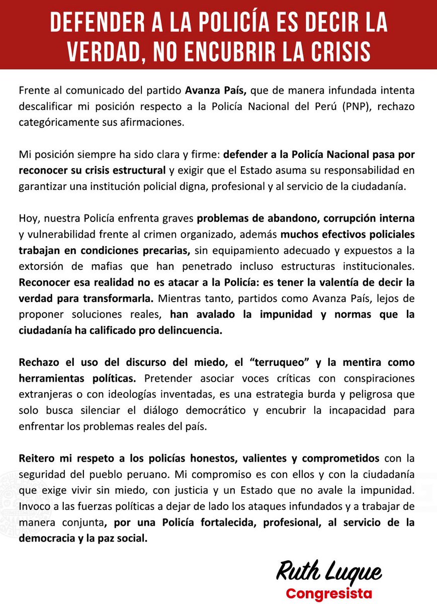 RuthLuqueIbarra's tweet photo. Defender la Policia no es callar sus problemas. Rechazo el comunicado del partido Avanza Pais, nuestra PNP requiere cambios estructurales, y exigir su verdadera dignificación. Mi compromiso con los policías honestos y con una ciudadanía que exige vivir sin miedo. https://t.co/ZIr625dC3P