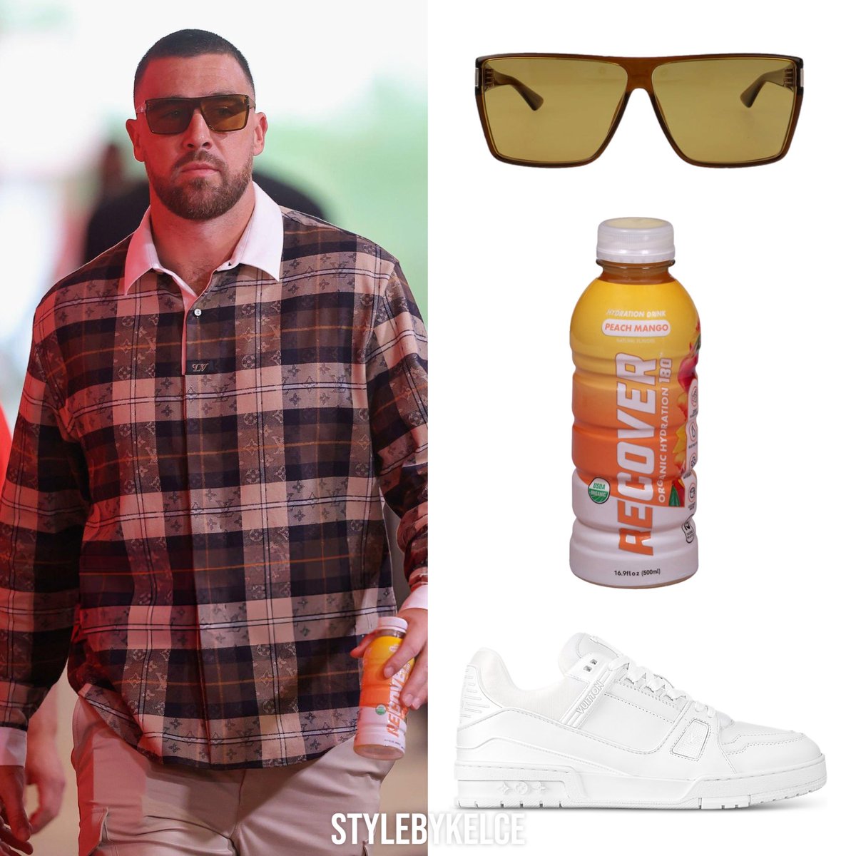 Travis Kelce arrives at Arrowhead Stadium ⋆ October 12, 2025

#LouisVuitton Monogram Flannel Long-Sleeved Polo Shirt ($1,690)
#LouisVuitton Signature Cargo Pants ($1,470)
#YSL Sl 756 Sunglasses ($460/sold out)
#Recover Peach Mango 
#LouisVuitton LV Trainer Sneaker ($1,320)

_