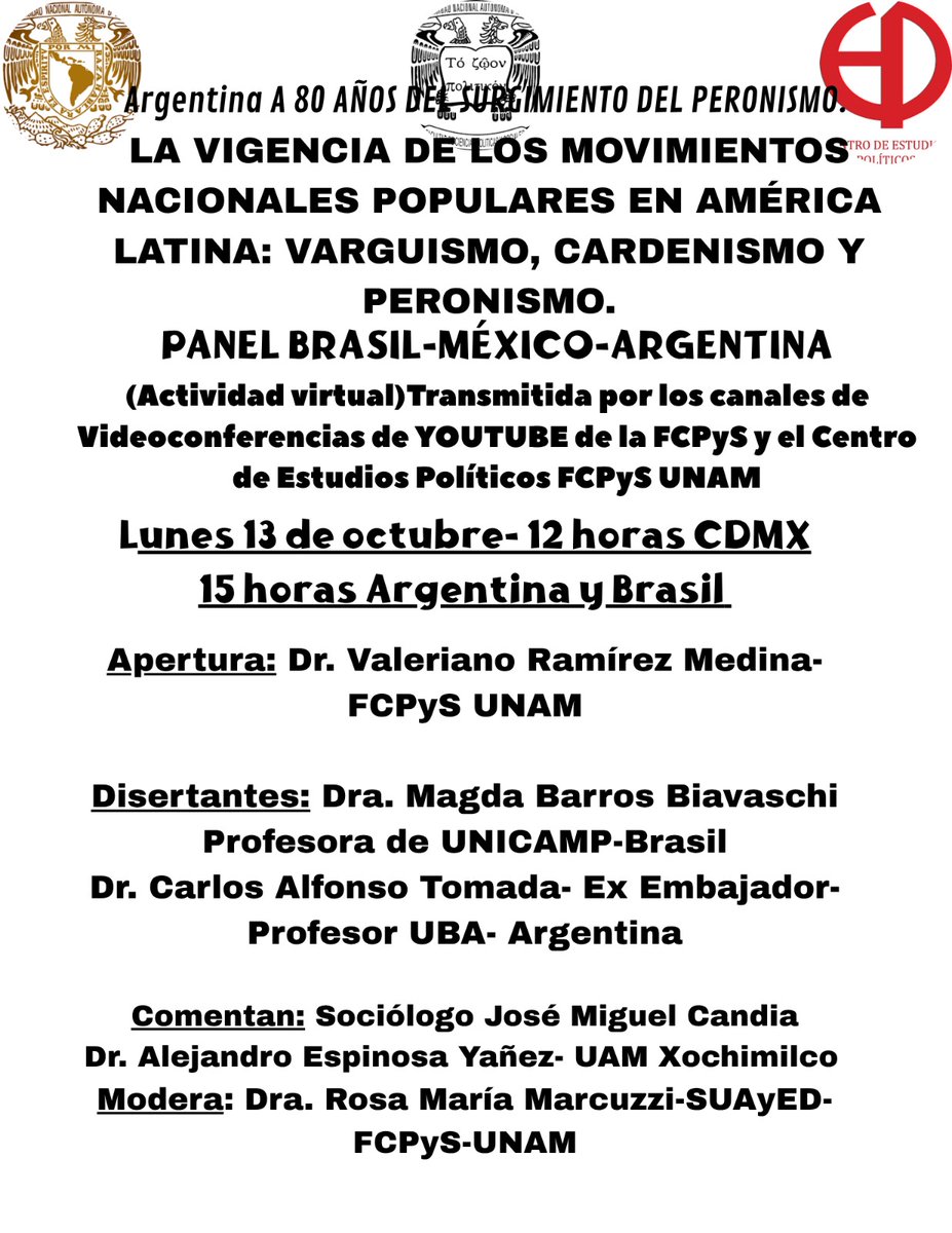 Mañana! A 80 años del #17DeOctubre, nuestrxs compañerxs participarán de este Panel sobre la vigencia de los movimientos nacionales y populares en AL! La cita es en el canal de Youtube de la Facultad de Ciencias Políticas y Sociales de la UNAM a las 12 hs 🇲🇽, 15 hs 🇦🇷🇧🇷