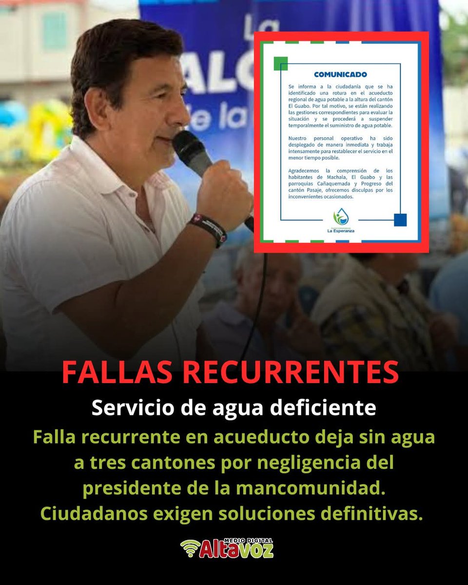EdwinJm14's tweet photo. 🚱 Cortes recurrentes de agua en #Machala, #ElGuabo y #Pasaje. La emergencia señala la responsabilidad del presidente de la Mancomunidad, Jovanny Coronel. Disculpas no son suficientes, la gente merece un servicio digno. #Negligencia #Agua https://t.co/o3YJivdI2t