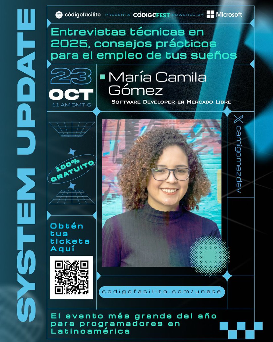 codigofacilito's tweet image. Prepárate para brillar en tus entrevistas técnicas ✨

Este 23 de octubre, en #CódigoFest, aprende con Camila Gómez, @camigomezdev, Software Developer en Mercado Libre, cómo destacar en los procesos de selección más exigentes.
codigofacilito.com/codigofest?utm…