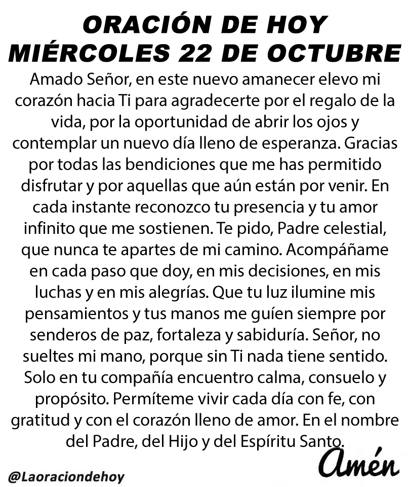 Oración diaria para hoy miércoles 22 de octubre de 2025.