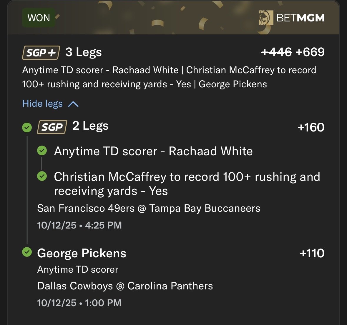 SportsBetsEx's tweet photo. Cash Sunday #NFL POTD 🏆

White TD ✅
CMC 100 R+R Yards ✅
Pickens TD ✅

Use Code: NFL for 30% off Premium!  
https://t.co/CinFBqbXTA

#SportsPicks #GamblingX https://t.co/6FhGLbG7mF