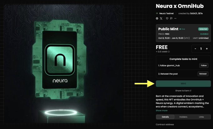 update $neura  Airdrop

 Mint NFT Neura  để chuẩn bị cày Testnet ae, raised $32M)

Anh em làm nhanh để giữ slot sớm nhé:
Claim faucet: neuraverse.neuraprotocol.io/?section=faucet
Vào: omnihub.xyz/collection/neu…
Mint Neura NFT (miễn phí, $0) ✅
Hiện tạm thời vậy thôi, anh em chờ cập nhật