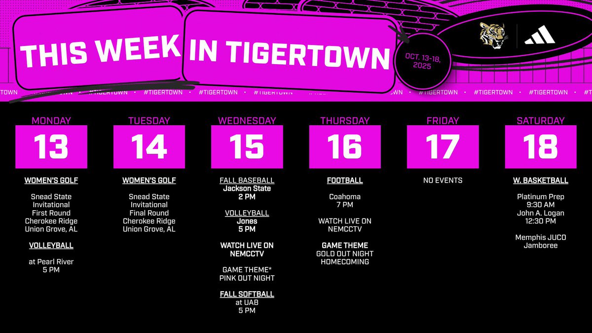 Northeast Tigers (@nemcctigers) on Twitter photo ATH | Itโs ๐ฑ๐ธ๐ถ๐ฎ๐ฌ๐ธ๐ถ๐ฒ๐ท๐ฐ ๐๐ฎ๐ฎ๐ด! Check out the following home games as part of our week-long activities!
โพ๏ธ Jackson State (2 pm Wednesday)
๐ Jones (5 pm Wednesday - ๐ก๐๐๐ ๐ ๐ฆ๐ฅ)
๐ Coahoma (7 pm Thursday - ๐๐ ๐๐ ๐ ๐ฆ๐ฅ)
๐
bit.ly/NECompSchedule
๐ฏ #TigerTown ATH | Itโs ๐ฑ๐ธ๐ถ๐ฎ๐ฌ๐ธ๐ถ๐ฒ๐ท๐ฐ ๐๐ฎ๐ฎ๐ด! Check out the following home games as part of our week-long activities!
โพ๏ธ Jackson State (2 pm Wednesday)
๐ Jones (5 pm Wednesday - ๐ก๐๐๐ ๐ ๐ฆ๐ฅ)
๐ Coahoma (7 pm Thursday - ๐๐ ๐๐ ๐ ๐ฆ๐ฅ)
๐
bit.ly/NECompSchedule
๐ฏ #TigerTown